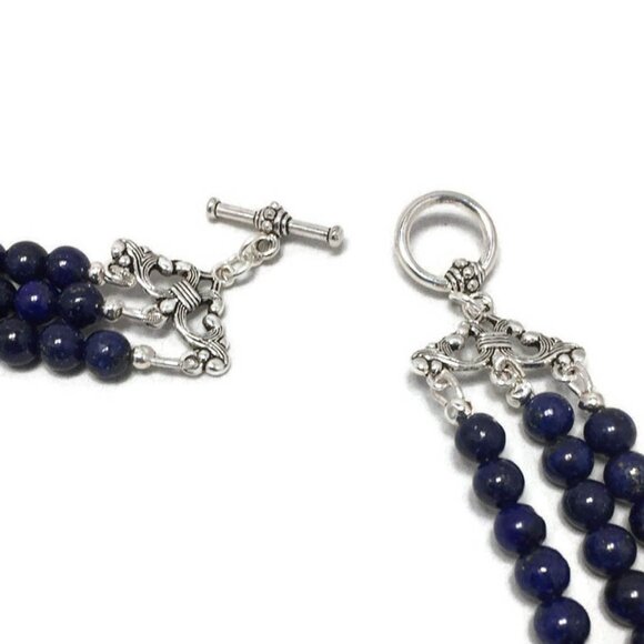 Three Strands Lapis  And Silver Pearl necklace - Picture 4 of 4